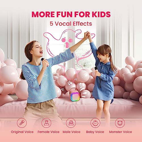 Image of IROO Mini Karaoke Machine for Kids, Birthday Easter Gifts Toys for Girls Boys Friends Age 3-12+, Portable Bluetooth Speaker with 2 Wireless Mics, Karafun Premium Songs Family Home Party(Pinkcolor)