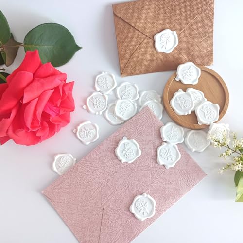 50 Pcs Adhesive White Rose Wax Seal Stickers, Roses Seal for Envelope, Easy to Use and Good Adhesion White Envelope Stickers, Wedding Invitation Accessories