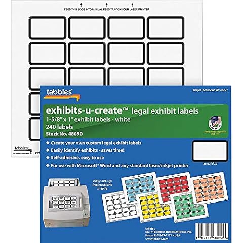 Tabbies Legal Exhibits-U-Create 1-5/8"W x 1"H Labels, 8-1/2"W x 7"H Sheet, 240 Labels/Pack (48090), White Cover