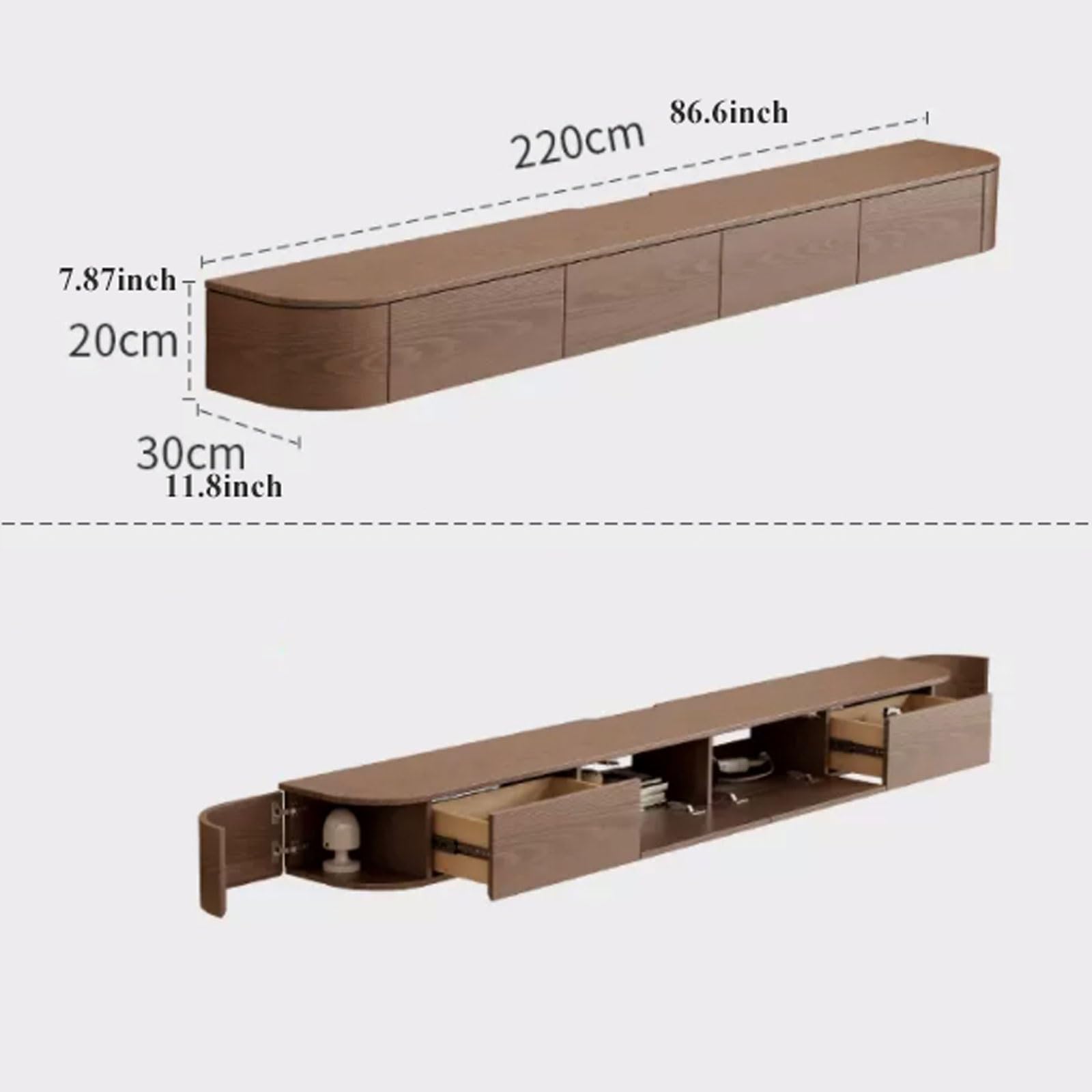 Schwebender TV-Ständer 78,7"/86,6'' Schwebender TV-Ständer mit LED-Licht, Wandmontierter schwebender TV-Halter, Entertainment-Media-Center, Holz-TV-Schrank mit Stauraum, Walnuss Schwebende TV-Konsole(