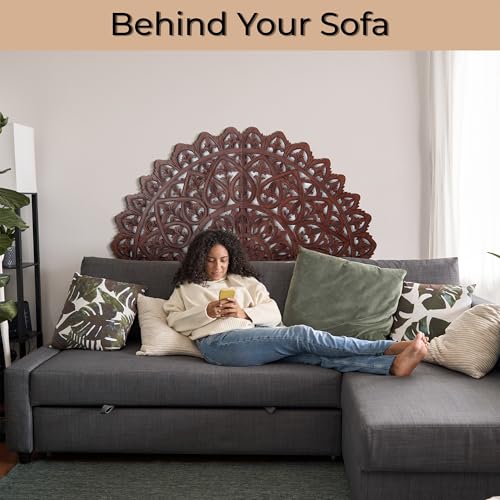 Half Moon Wood Head Board | Carved Head Board Only | Wooden Head Board Size Bed | Wall Mount Head Board King | Full Bed Head Board Panels (Dark Brown, California King, Mahkota) - Image 3