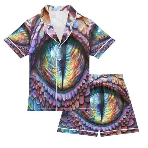 ALAZA Colorful Dinosaur Eyes Satin Pajamas Set Short Sleeve Button Down Sleepwear Summer Pjs 2 Piece