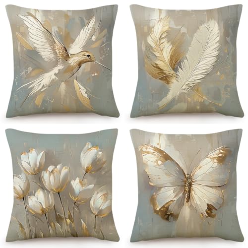 Coussin extérieur durable lavable 60x60 coton lin taie dorée - 2