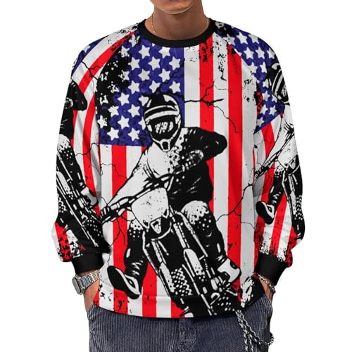 Dirt Bike U.S.A. Flag Motocross Biker Men's Crewneck Sweatshirt Pullover Long Sleeve Casual Tops