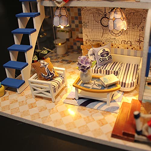 yeacher Casa de bonecas em miniatura DIY kit de casa de bonecas de madeira com móveis com luz LED mú