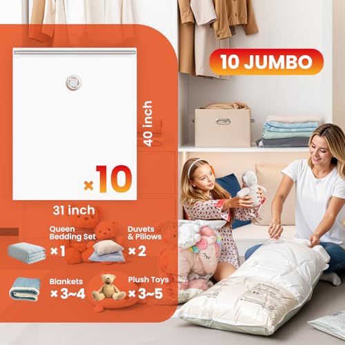 Image of TAILI 10 Pack Vacuum Storage Bags, Jumbo Size (31x40 inch), Cream | Vacuum Seal Bags for Clothing, Extra Large Space Saver for Bulky Beddings, Comforters, Blankets, Pillows