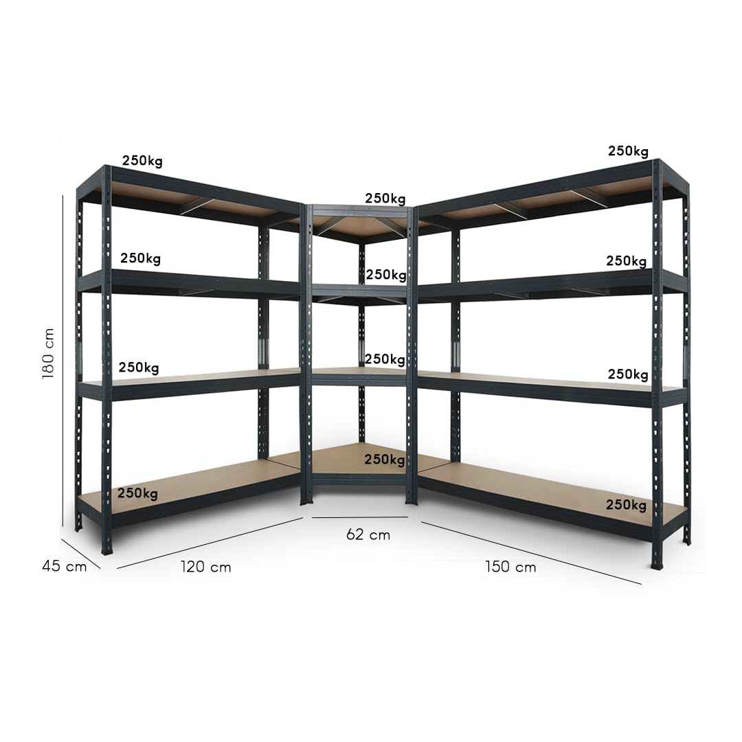 System Rivet do dużych obciążeń, kolor antracytowy: 1 regał narożny 180x90x45x64,5 cm + 2 regały wtykowe 180x120x45 i 180x150x45 cm, 4 półki HDF, 250 kg na półkę
