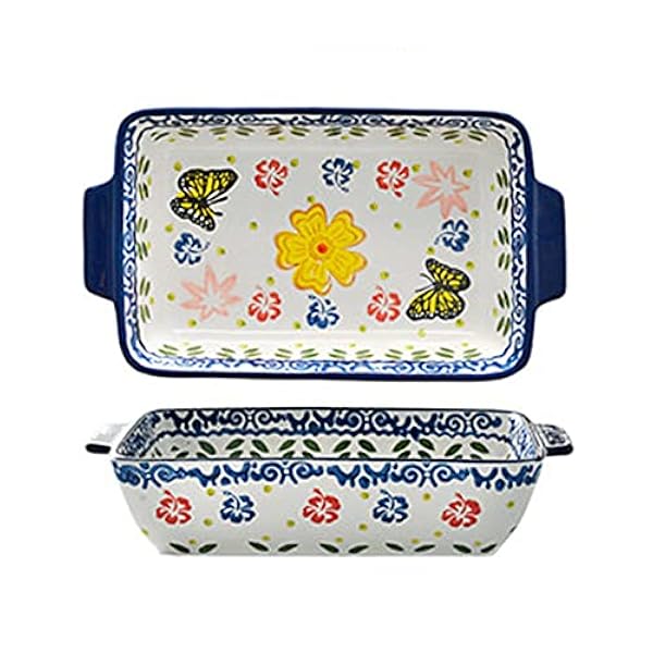 Keramische bakschaal handgeschilderde kunstplaat diepe plaat schotel plaat rechthoek binauraal keramische bakpan kaas gebakken rijstpan oven toegewijd (kleur: blauw, maat: 23 x 13 x 4,5 cm)