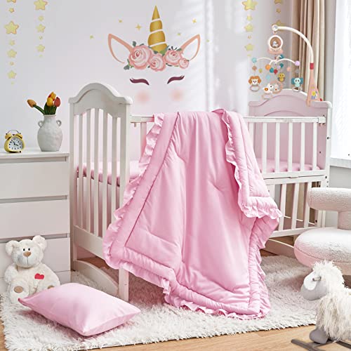 Image of 3 Pieces Crib Bedding Set Baby Ruffle Quilted Comforter with Fitted Sheet and Pillowcase - Cute Ruffled Shabby Chic Bedding Soft Blanket Design Pink