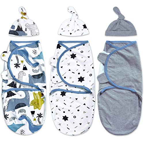 Image of SEZUO Boys Swaddle Set, Large, 3pcs Wrap Blankets with 3pcs Baby Cotton Caps,3-6 Months (Doodle Dinosaur)