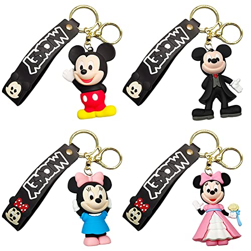LKNBIF Minnie Porte-Clés Enfants, 4 Pièces Mickey Keychain, Mickey Minnie Keychain Porte-clés Mickey Figure Key Chain For Girls and Boy Bag Charms Car Pendant Keyrings Poupée de Métal Pendentif