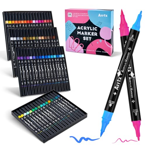 Arrtx Acrylic Paint Markers 64 Colors, Dual Tip Acrylic Paint Pens with Fine Tip and Brush Tip, Art Supplies for Rock Painting, Wood, Ceramic, Fabric, Glass, Card Making, DIY Crafts