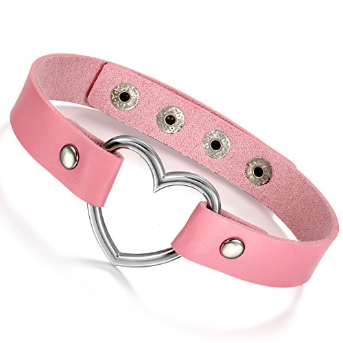 Flongo Choker Leder Halsband Lederhalsband Damen, Leder Halskette Halsband Anhänger Choker Tattoo Kette Pink Silber Herz Einstellbar Verstellbar Gothic Punk Rock Damen