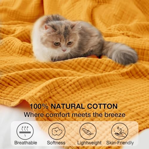 Image of 100% Cotton Muslin Blanket for Adults, 6-Layer, Queen, 90 x 90, Yellow