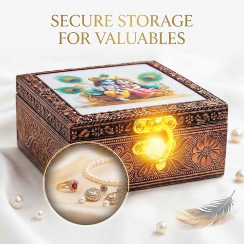 Image of Radha Krishna Wooden Jewellery Box | Handcrafted Decorative Storage Organizer | Traditional, Multipurpose Keepsake Box for Rings, Earrings & Small Accessories | White, Pack of 1