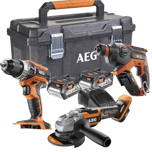 AEG Set mit 3 Werkzeugen: Schlagbohrmaschine 18 V, bürstenloser Bohrhammer 18 V, Schleifmaschine 125 mm, bürstenlos, 18 V, 2 Akkus 4,0 Ah, Gehäuse – JP18L3-402TB