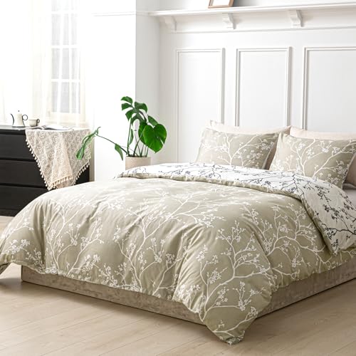 Image of Lekesky Queen Size Duvet Cover Set, Reversible Duvet Cover Queen with Branch Pattern, Lightweight Soft Microfiber Comforter Cover, 3 Pieces Khaki Bedding Set with Zipper and 2 Pillowcases