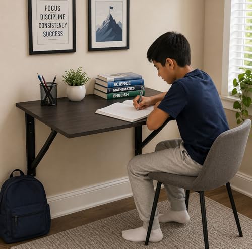 Image of Kawachi Laptop Folding Shelf /Study Table /Work Table, Wall Mounted Collapsible Shelf Bracket, 80 x 40 cm Oak Brown