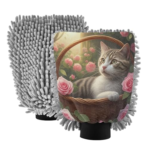 STAYTOP Cute Cat in The Flower Basket Car Wash Mitt Microfiber, 2Pcs Scratch Free Lint-Free, Premium Chenille Microfiber Mitt Car Wash Brush-M