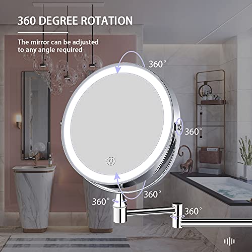 Amztolife Rechargeable Wall Mounted Lighted Makeup Mirror, Extendable Double Sided Vanity Mirror With 10X Magnification, 8 Inch Led Magnifying Mirror With 3 Color Lights Bathroom Mirror Chrome #TOP3