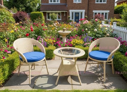 Image of India Outdoor Indoor Patio Furniture Sets Rattan Chair Patio Set Conversation Set Poolside Lawn Chairs Swingarea Balcony Outdoor Garden Furniture Chair (Honey with Blue Cushion 2+1)