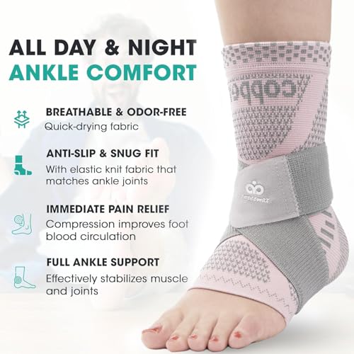 Image of INDEEMAX Ankle Brace for Sprained Ankle Compression Sleeve, 2 Pack Copper Infused Ankle Support Brace for Women & Men, Plantar Fasciitis Relief Achilles Tendonitis, Sports Running, Pink Silver, XL