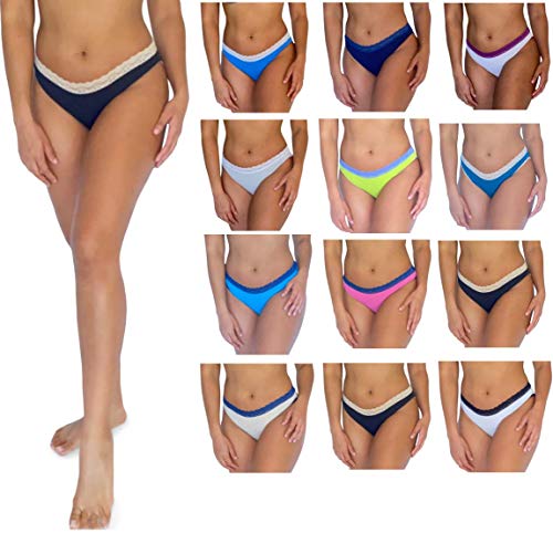 Sexy Basics Womens 12 Pack Hi Cut Lace Panties Cotton-Spandex Lace Underwear/Ultra-Soft Cotton Stretch Lace Trim Briefs (12 Pack - Garb Bag Solid Colors W Contrast Lace, Small)