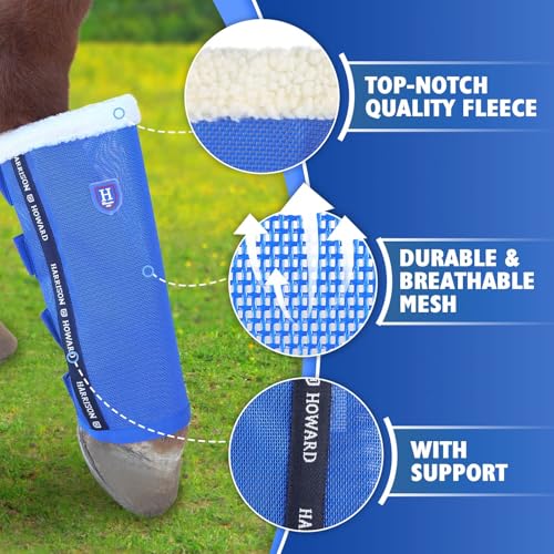 Image of Harrison Howard Loose-Fitting Horse Fly Boots UV-Protective, Breathable, Tear-Resistant Fine Mesh Leggins Stay-on Comfortable Fly Boots with Ultra-Soft Wool Trim (Set of 4) Signature Blue Pony (Small)