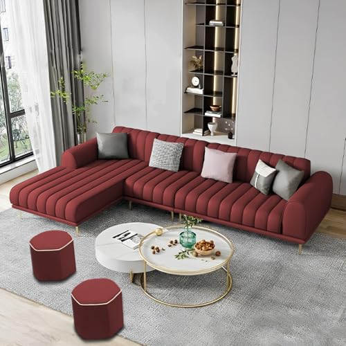 Image of Casaliving Herrick LHS 6 Seater L Shape Sofa Set with 2 Puffy for Living Room (Maroon) Premium Velvet Fabric Sofa