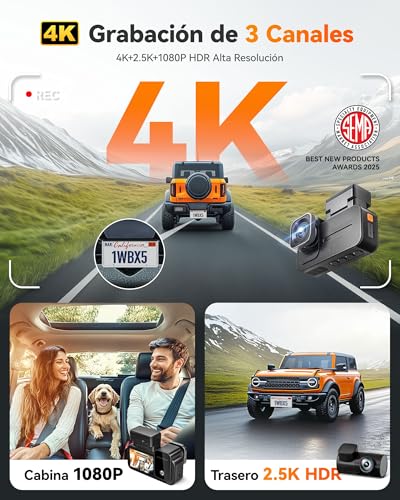 Image of WOLFBOX X5 3 Channel 4K Dash Cam, STARVIS 2 IMX678,4K+2.5K+1080P Front and Rear Inside Triple Car Camera, Included 128GB Card, Voice Control, 5.8GHz WiFi GPS, Touch Screen, Support 512GB Max