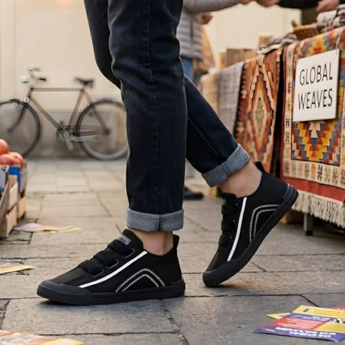 Image of Men's Black Canvas Sneakers - Stylish Casual Shoes with Non Tie Elastic Laces | 7mm Memory Foam & EVA Insole | Lightweight & Comfortable Everyday Footwear (Sizes 6-10)