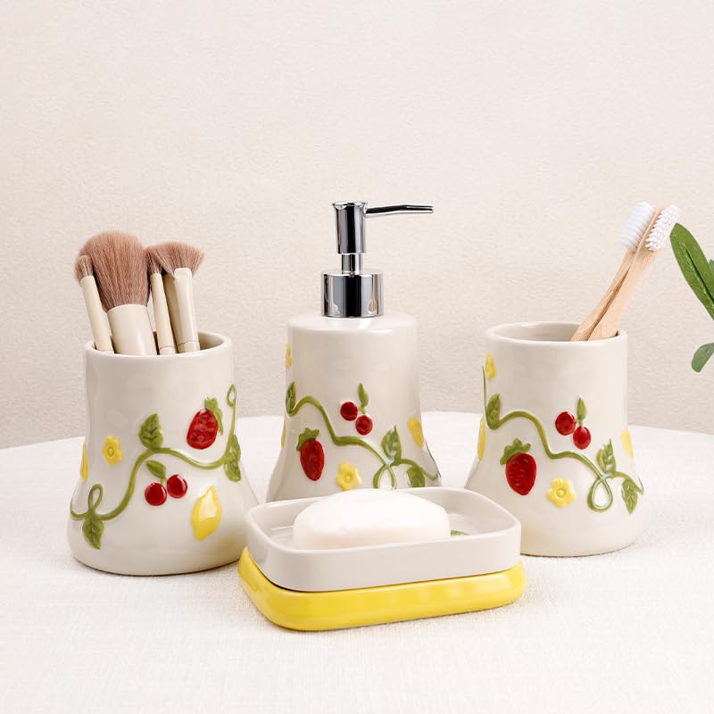 Juego de Accesorios de baño de cerámica de 4 Piezas con dispensador de jabón de Fresa, dispensador de jabón de Manos, Vaso, Soporte para Cepillo de Dientes y jabonera para decoración