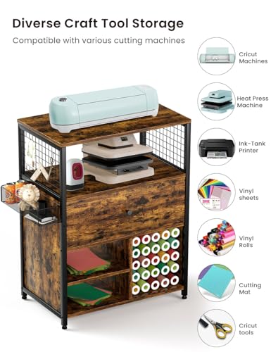 rockingrun rustic craft organization and storage cabinet compatible with cricut machines crafting cabinet with drawer and 25 vinyl roll holder craft table desk workstation for craft room