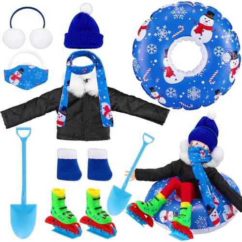 Jenaai 9 PCS Christmas Doll Accessories Set Christmas Clothing Includes Ear Muffs, Scarf, Cotton Padded Coat, Boot, Inflatable Snow Tube, Mask, Hat, Ice Skates, Shovel for Doll Decor