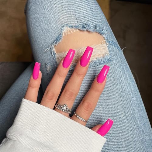 Hot Pink Press On Nails Medium Long Square, Xcreando Medium Coffin Nails Acrylic Press ons Glue on Nails Long Length, Solid Color Fake Nail for Women, Natural Thick Artificial Nail Stick on, Neon Pink