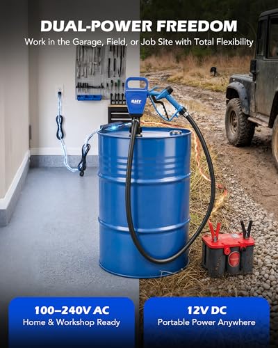 Image of OMT 7 GPM Electric Drum Barrel Pump, Dual Power AC 100-240V & 12V DC | for 55 Gallon Drums & 275 Gallon IBC Totes, Fuel Transfer Pump for Diesel DEF Water Antifreeze