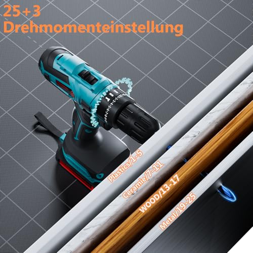 Olubfdh Akkuschrauber, 21V Akku Bohrschrauber Set mit Akku 1×2000mAh 45Nm Drehmoment Max 25+3 Drehmomentstufen (2-Gang & LED) mit Ladegerät, für Haus und Garten DIY Projekt (Blau) 6