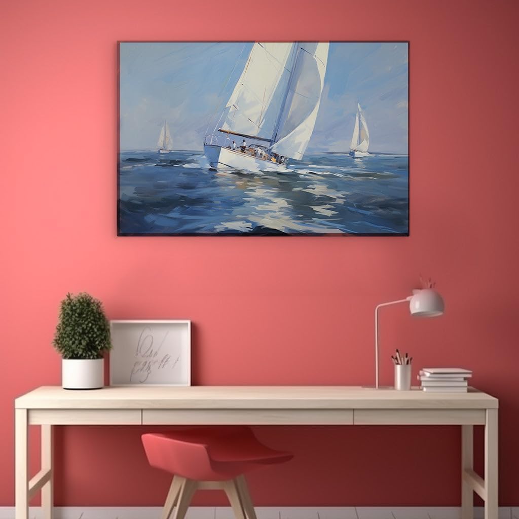 Canvas for Living room. Sailing into Serenity Three Sailboats Dance with the Wind, 27 x 18 inch Canvas Wall Art - Contemporary Masterpieces - Modern Home Decor