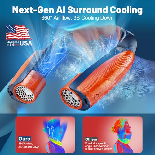 Image of AI Portable Neck Fan with 6 Powerful Speeds, 8000mAh Battery Operated USB-C Rechargeable Fan, Hands-Free 360 Cooling Neck Fan,Ultra-Quiet Personal Fan for Women Men Office Travel(Orange-Blue)