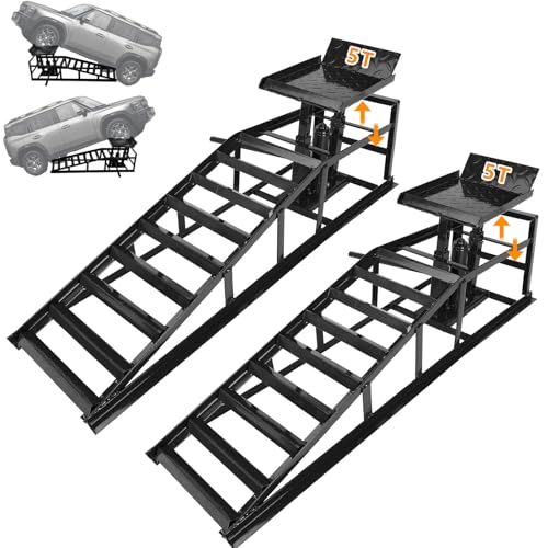 Warmfay 2 Juego de Rampa Hidráulica para Coche, Rampa de Carga de 5T/5000 kg, Altura de Elevación Ajustable de 250-385mm, Rampa con Protección de Pasada, Plataforma Elevadora para Auto (Negro)