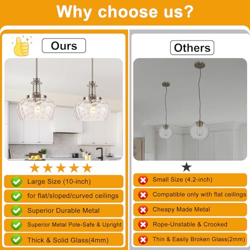 Image of Modern Pendant Lights Kitchen Island, Brushed Nickel Pendant Light Fixtures with 10 inch Clear Hammered Glass Shade, Industrial Hanging Pendant Lights Fixture for Kitchen Island Dining Room Bedroom Foyer