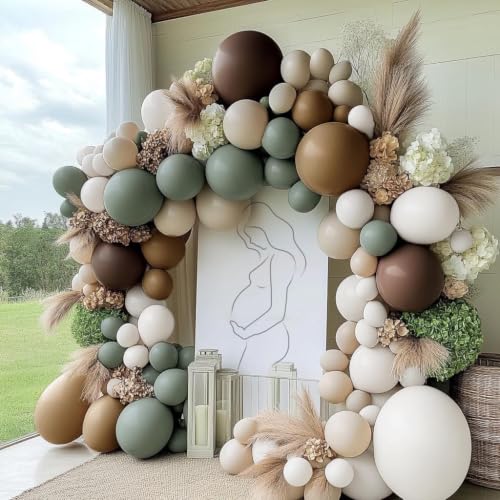 Image of Dusty Green Nude Balloon Arch Double Stuffed Sage Green Brown Beige White Sand Cream Balloon Garland Kit for Neutral Baby Shower Birthday Wedding Woodland Wild One Dinosaur Fall Boho Party Decor