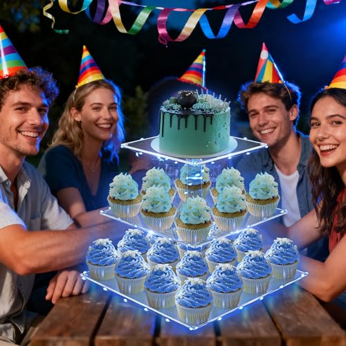 YestBuy 3 Tier Square Cupcake Stand - Premium Cupcake Holder - Acrylic Cupcake Tower Display - Cady Bar Party Décor + LED Light String - Ideal for Weddings, Birthday Parties( Blue Light) - Image 5