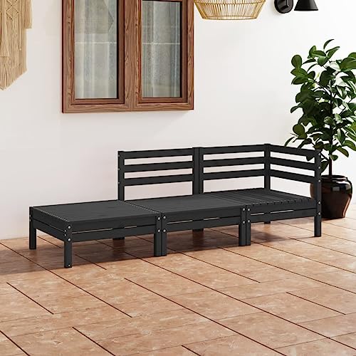 Runheo Salon de Jardin 3 pcs Noir en Bois de Pin Massif, Modulable pour Extérieur, Chaise Longue et Repose-Pieds, Meuble Polyvalent pour Patio, Capacité 110 kg