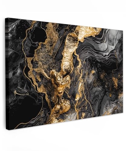 MuchoWow© Impression sur Toile Decoration Murale Peinture 120x80 cm Tableaux Decoratifs Muraux Déco Chambre Tableau Salon Marbre - Noir - Or - Abstrait