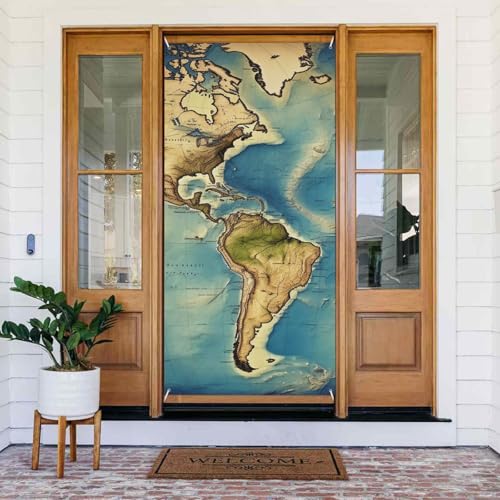 ウェルカムドアカバー デコレーション ドアバナー 72.8 x 35.4インチ、世界地図 ポーチバナー サイン 写真 背景 季節 フロントドア ハンギングバナー ホリデーパーティー 屋内 屋外装飾