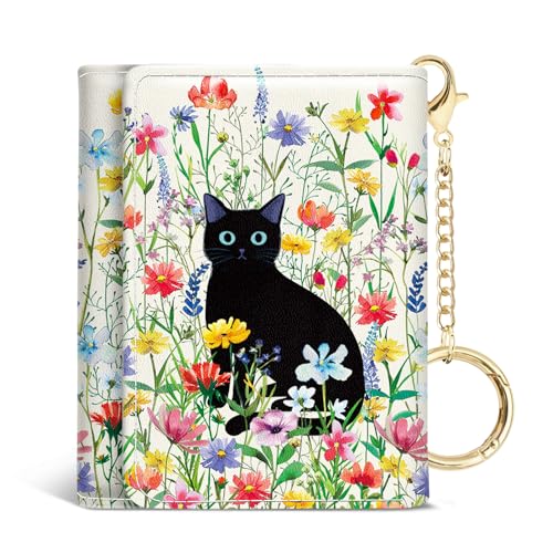Image of Jogjam Aesthetic Cute Black Cat Flower Floral Small Girls Wallets, Rfid Blocking, Slim Thin Mini Trifold Woman Wallet, Travel PU Leather Card Holder, Compact Key Chain Cash Purse Gifts