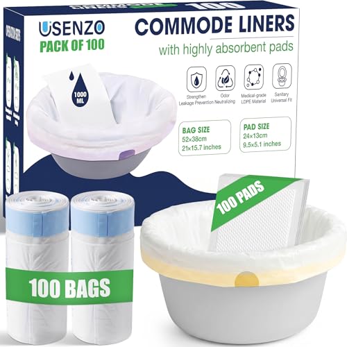 Commode Liners with Absorbent Pads | Value Pack 100 Count Universal Fit | Bedside Commode Liners Disposable and Pads for Adult Commode Chairs(100Bags + 100Pads)