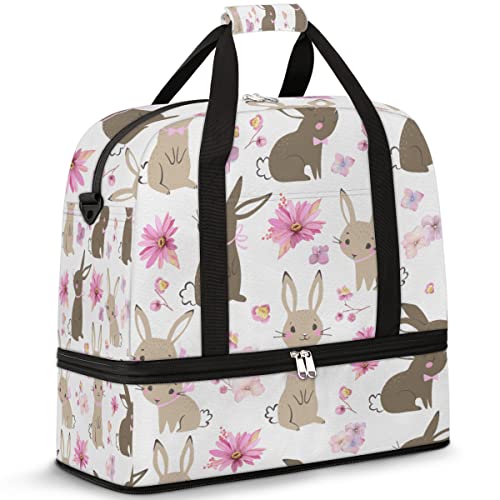 Travel Duffel Bag Cute Flower Bunny Rabbit Sport Gym Bag for Woman Man,Waterproof Foldable Weekend Overnight Bag for Yoga Workout Training with Shoe Compartment