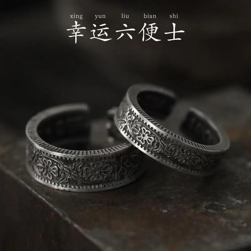 Vintage Lucky Sixpence Couple Adjustable Open Ring His & Hers Real Love Promise Ring Silver Couples Wedding Engagement Bands Top Ring Chunky Finger Bands BFF Gift for Best Friend Lover for Women2